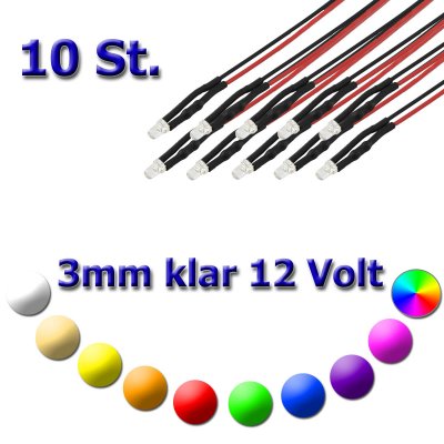 10x 3mm LED ultrahell mit Anschlusskabel 5-15 Volt Gelb