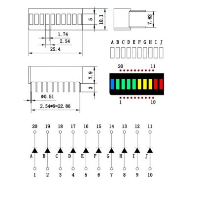 LED Bargraph Anzeige vierfarbig 10 stellig blau grn gelb rot